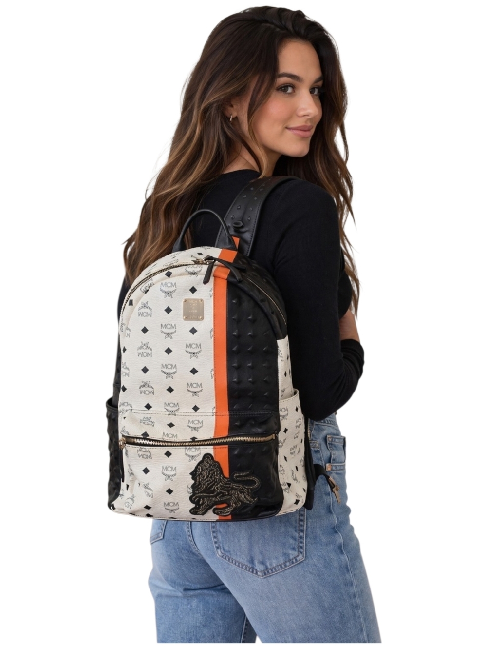 MCM Stark Visetos Large Backpack Black White Orange Stripe Studded Leather EUC